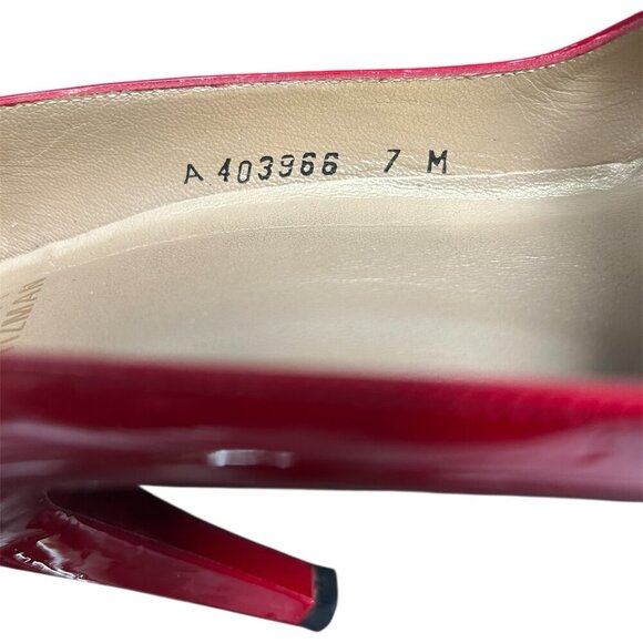 STUART WEITZMAN Ruby Red Patent Leather Peep Toe Heels US 7 - Picture 6 of 6